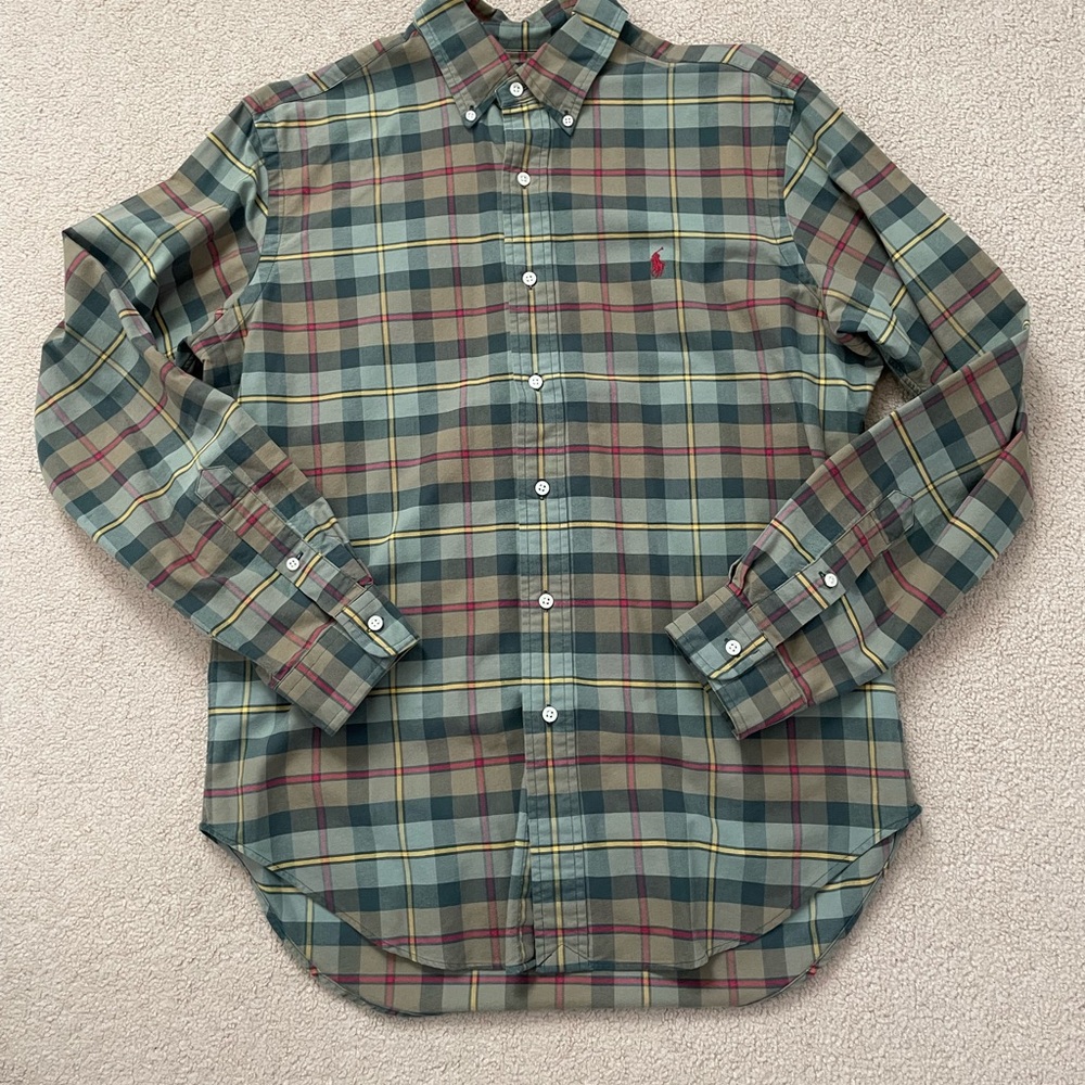 EUC RALPH LAUREN GREEN/MULTICOLOR PLAID RED LOGO BUTTON DOWN SHIRT SZ M